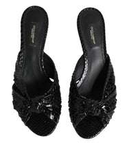 Dolce & Gabbana Black Leather Heels Slides Sandals Shoes