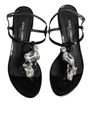 Dolce & Gabbana Black Leather Crystal Ankle Strap Sandals Shoes