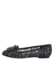 Dolce & Gabbana Blue Taormina Lace Crystals Flats Shoes