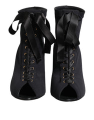 Dolce & Gabbana Black Stiletto Heels Lace Up Boots Shoes