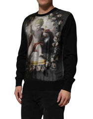 Dolce & Gabbana Black Cashmere Cherub Print Baroque Sweater