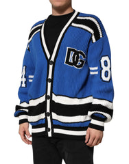 Dolce & Gabbana Blue Cotton Logo Patch Ribbed Knit Cardigan Sweater