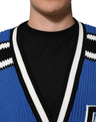 Dolce & Gabbana Blue Cotton Logo Patch Ribbed Knit Cardigan Sweater