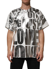 Dolce & Gabbana White Cotton Silver Metallic Slogan Print T-shirt