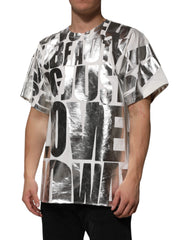 Dolce & Gabbana White Cotton Silver Metallic Slogan Print T-shirt