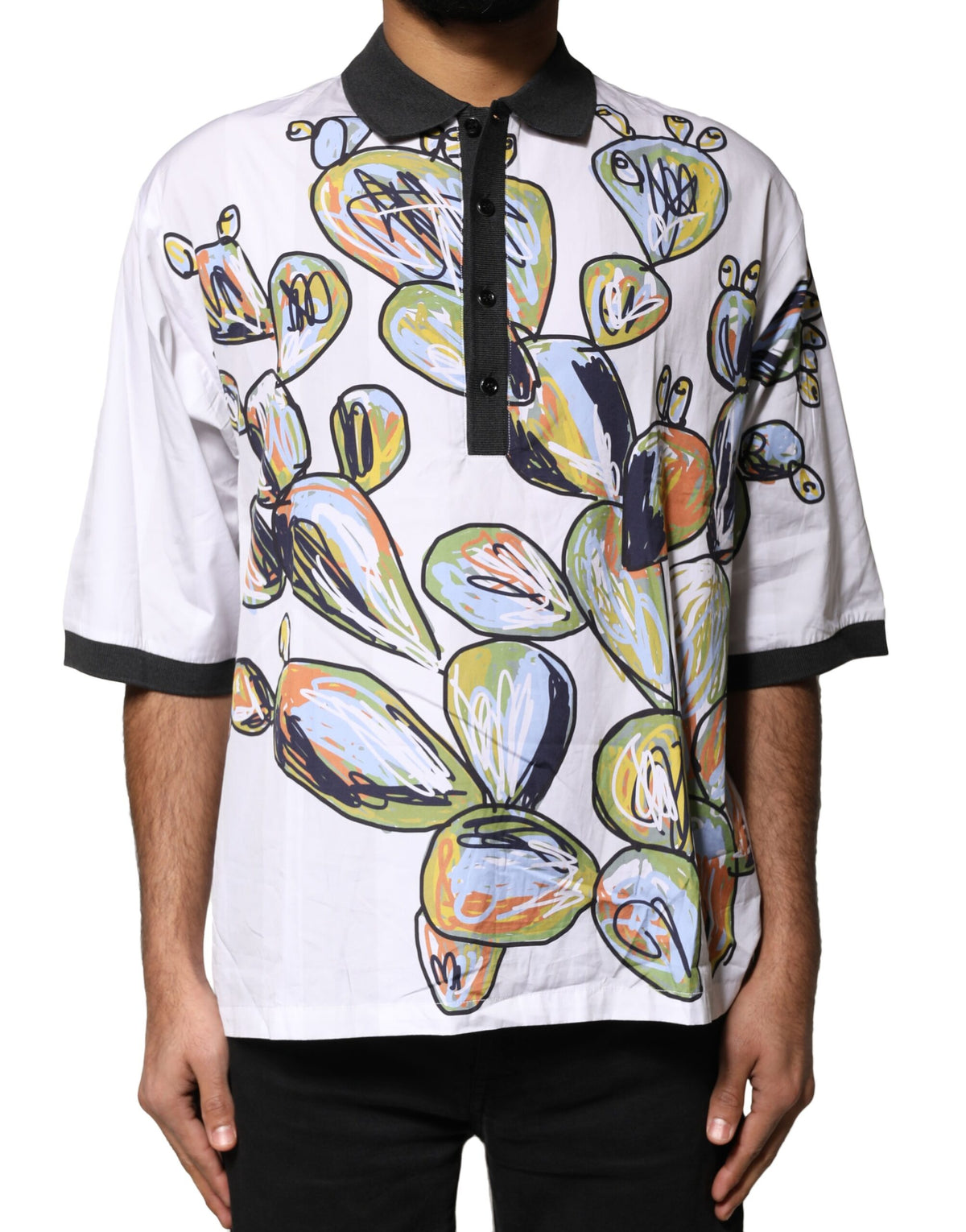 Dolce & Gabbana White Sketch Print Oversized Mens Polo T-shirt
