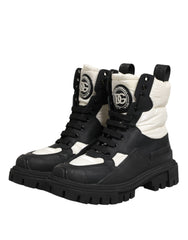 Dolce & Gabbana Black White Padded Mid Calf Lace Up Boots Shoes