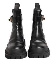 Dolce & Gabbana Black Calfskin DG Logo Strap Ankle Boots Shoes