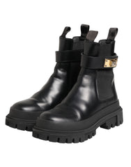 Dolce & Gabbana Black Calfskin DG Logo Strap Ankle Boots Shoes