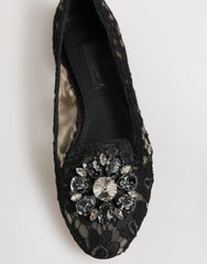 Dolce & Gabbana Black Taormina Lace Crystals Flats Shoes