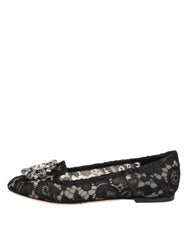 Dolce & Gabbana Black Taormina Lace Crystals Flats Shoes