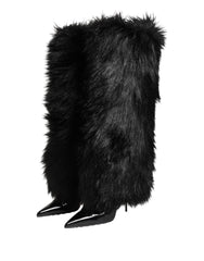 Dolce & Gabbana Black Faux Fur Pointed Knee High Stiletto Boots Shoes