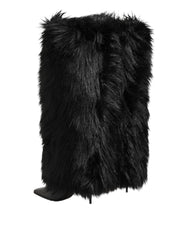 Dolce & Gabbana Black Faux Fur Pointed Knee High Stiletto Boots Shoes