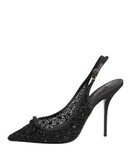 Dolce & Gabbana Black Tulle Ricamo Heels Slingbacks Shoes
