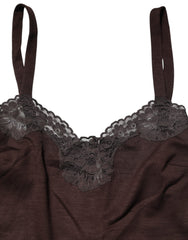 Dolce & Gabbana Dark Brown Lace Trim Wool Sleeveless Tank Top