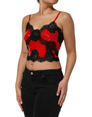 Dolce & Gabbana Red Black Lace Trim Polyester Sleeveless Tank Top