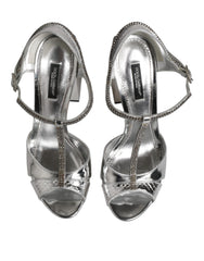 Dolce & Gabbana Silver Leather T-strap Heels Sandals Shoes