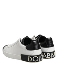 Dolce & Gabbana White Black Leather Portofino Sneaker Shoes