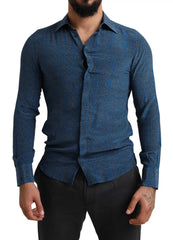 Dolce & Gabbana Blue MARTINI Silk Slim Fit Long Sleeves Shirt