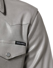 Dolce & Gabbana Gray Coated Cotton Snap Button Logo Men Shirt