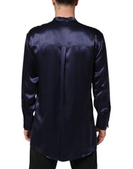 Dolce & Gabbana Navy Silk Long Sleeve Mandarin Collar Shirt