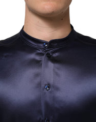 Dolce & Gabbana Navy Silk Long Sleeve Mandarin Collar Shirt