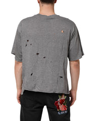 Dolce & Gabbana Gray Cotton Tattered Logo Patch Men T-shirt