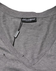 Dolce & Gabbana Gray Cotton Tattered Logo Patch Men T-shirt