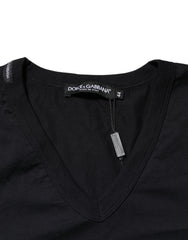 Dolce & Gabbana Black Cotton Plain V-Neck Men Shirt T-shirt