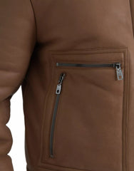 Dolce & Gabbana Brown Leather Fur Button Biker Coat Jacket