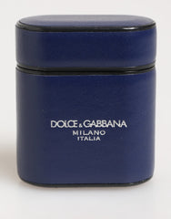 Dolce & Gabbana Blue Leather Logo Print Flip Holder Men Airpods Case