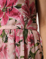 Dolce & Gabbana Pink Floral Lily Print Midi Sleeveless Dress