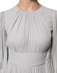 Dolce & Gabbana Grey Pleated Maxi Long Sleeve Silk Blend Gown Dress