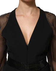 Emporio Armani Black Sheer Sleeve Belted V-Neck Mini Dress