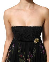 Dolce & Gabbana Black Floral Key Print Crystal Strapless Dress