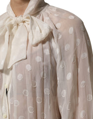 Dolce & Gabbana White Polka Sheer Silk Bow Tie Shirt Blouse Top