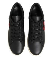 Dolce & Gabbana Black White Leather Crystal Heart Sneakers Shoes