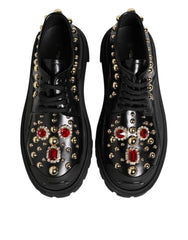 Dolce & Gabbana Black Leather Jeweled Crystals Derby Shoes