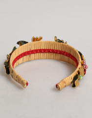 Dolce & Gabbana Multicolor Crystal Floral Gold Green Velvet Crown Headband
