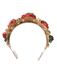 Dolce & Gabbana Red Floral Flowerpot Crystal Gold Crown Tiara Headband