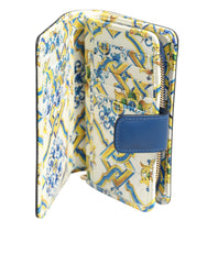 Dolce & Gabbana Blue Leather Continental Tile Print Zip Card Holder Purse Wallet