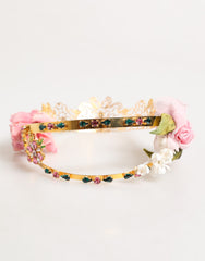 Dolce & Gabbana Gold Floral Tiara Pink Roses Crystal Crown Headband