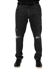 Dolce & Gabbana Black Cotton Slim Fit Distressed Ripped Logo Jeans
