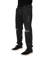 Dolce & Gabbana Black Cotton Slim Fit Distressed Ripped Logo Jeans