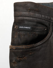 Dolce & Gabbana Dark Brown Tattered Cotton Skinny Denim Jeans