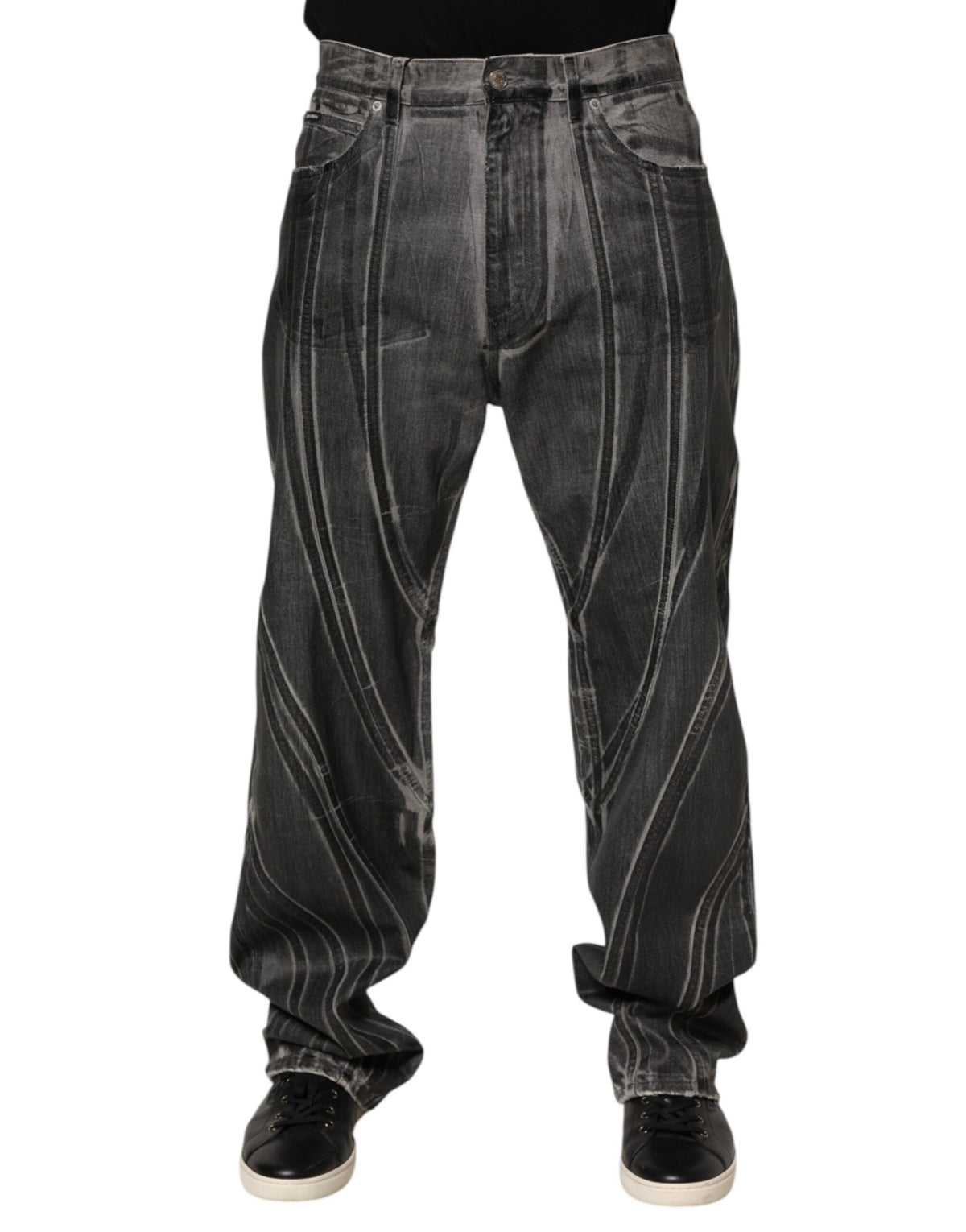 Dolce & Gabbana Black Grey Graphic Print Denim Pants Jeans
