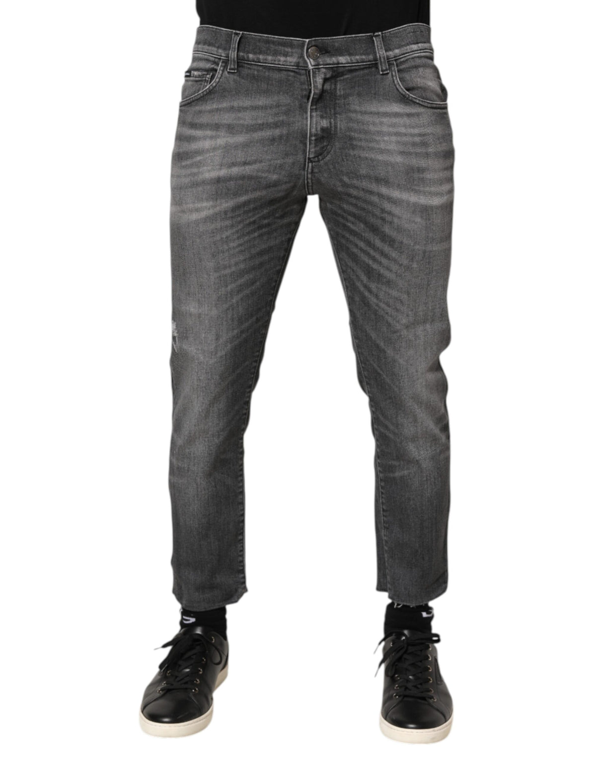 Dolce & Gabbana Grey Cotton Denim Slim Fit Distressed Pants Jeans
