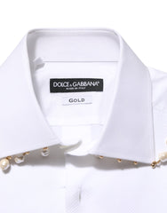 Dolce & Gabbana White Cotton DG Logo Pearl GOLD Formal Shirt