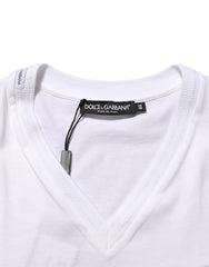 Dolce & Gabbana White Cotton Logo Patch V-neck Tee T-shirt