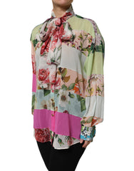 Dolce & Gabbana Multicolor Floral Patchwork Ascot Collar Top